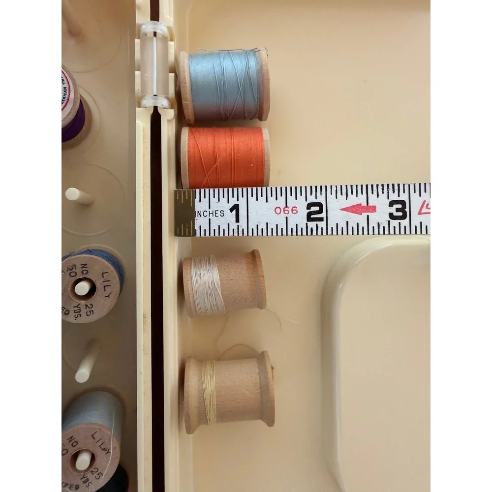 Vintage Wil-Hold Sewing Box Wooden Thread Spools Lot Coats Clark Lily Star